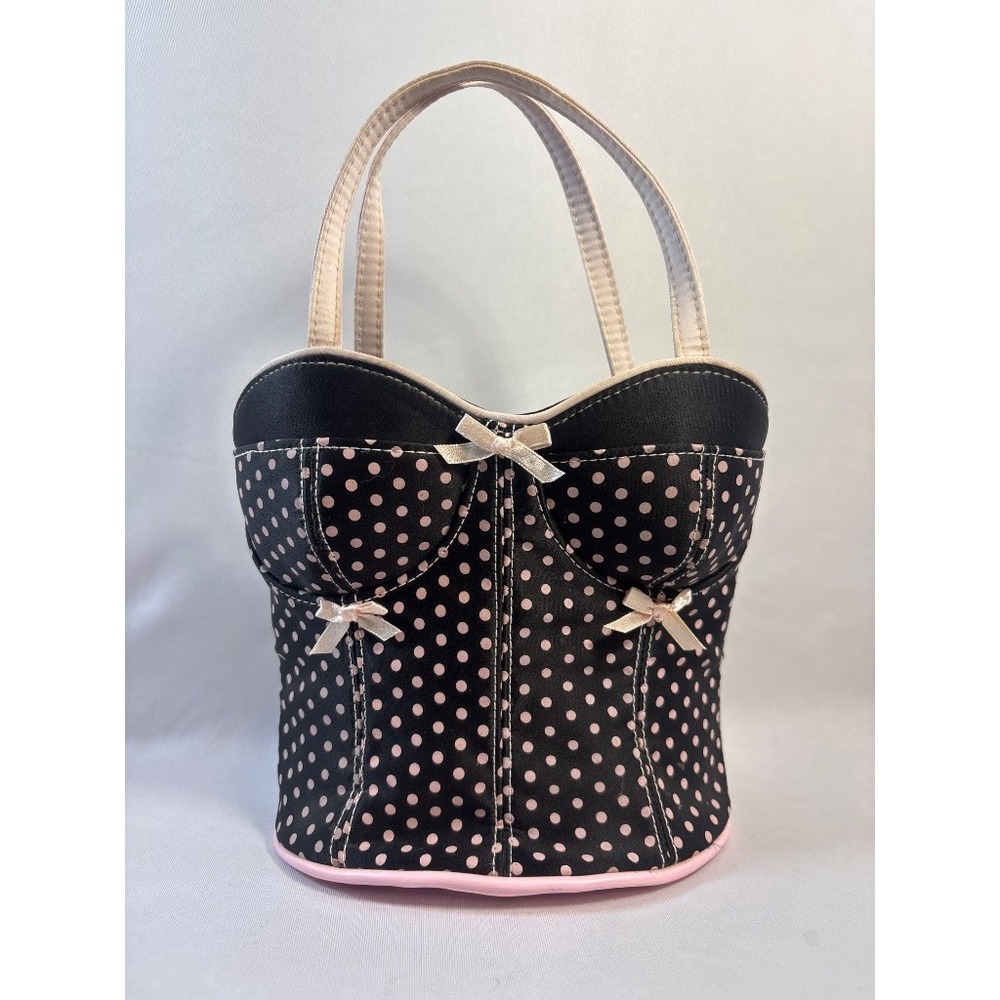 Hillard & Hanson Y2K Corset Bustier Novelty Tote Bag Black Pink Polka Dot